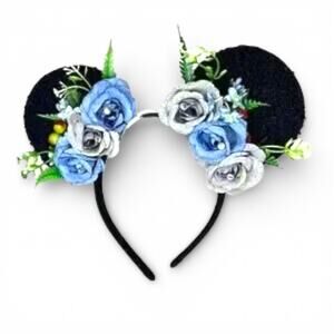 Handmade Floral Mouse Ears Headband Blue Lavender Flower Garden Festival Style